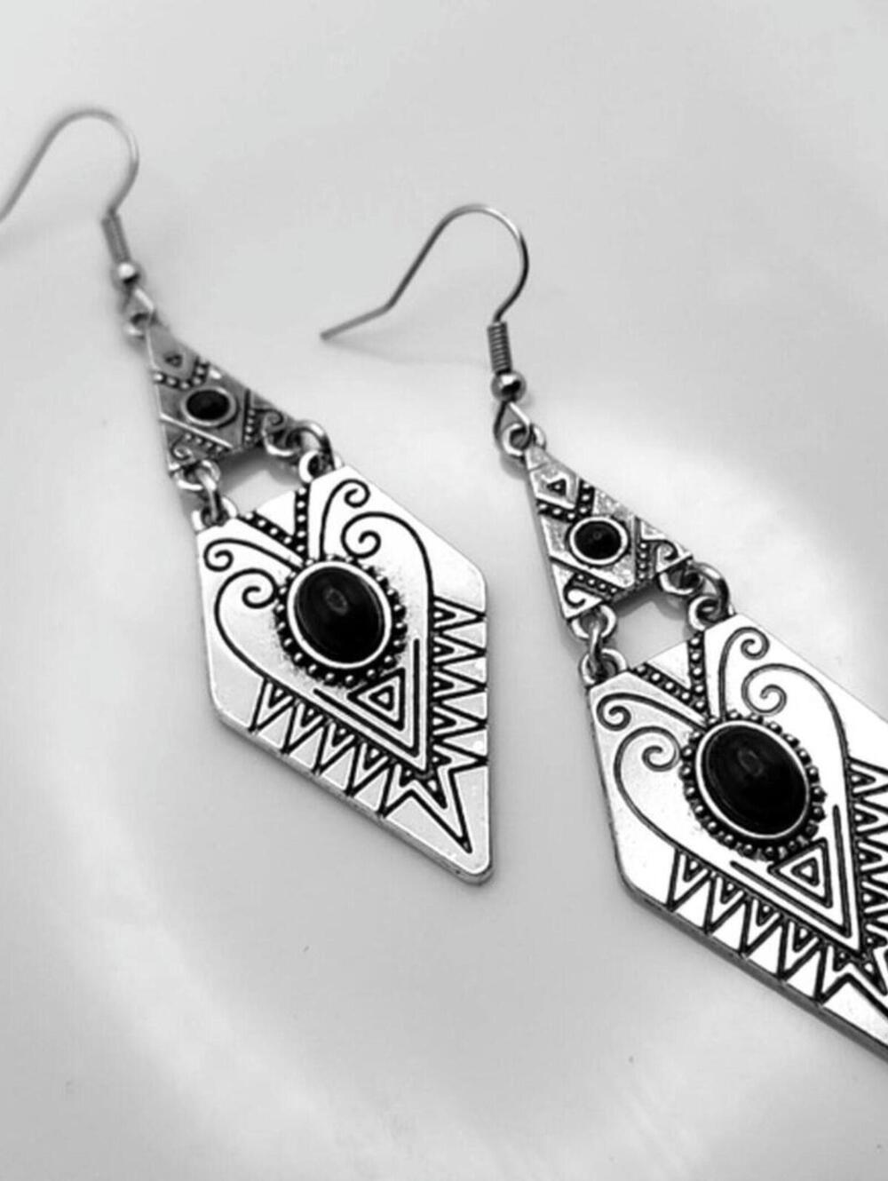 Nomadic Spear Silver Boho Engraved Blue Stone Earrings - Picture 3 of 3